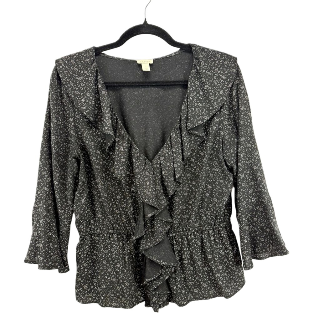 Hinge Black White Cottagecore Whimsy Goth‎ Floral Peplum V Neck Top Size Small